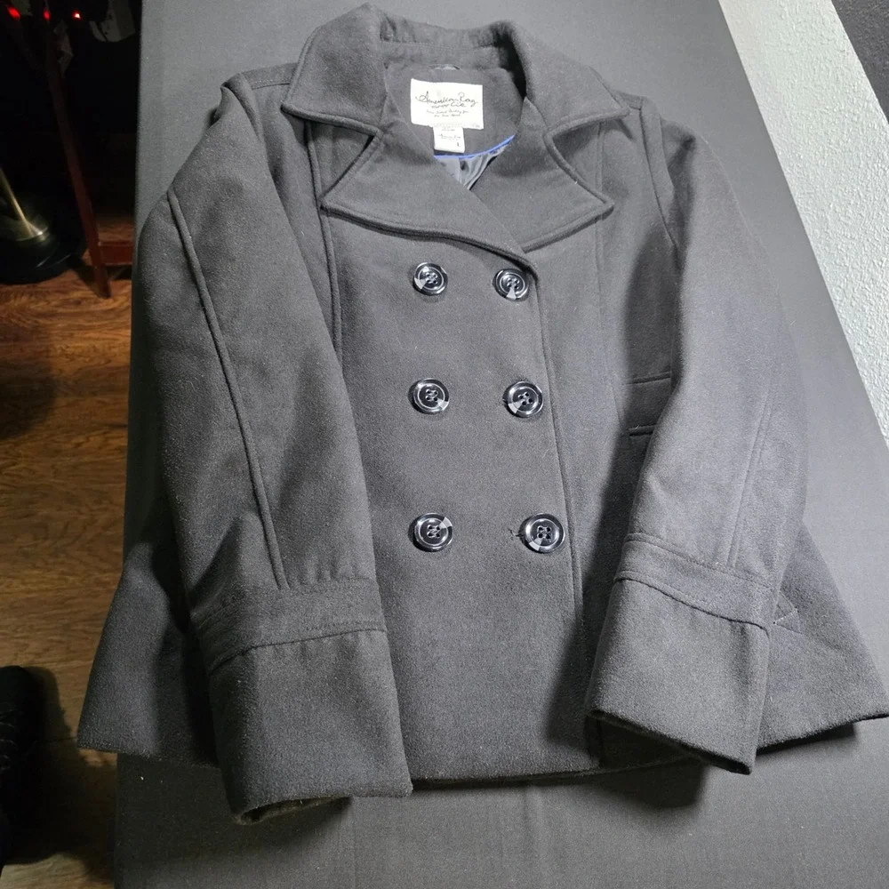 American Rag Cie Womens Black‎ Double Breasted Pea Coat Jacket Size L RN38843